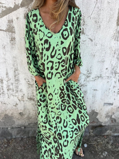 Vestido estampado animal con escote en V y bolsillos laterales para mujer, ligero y versátil para verano