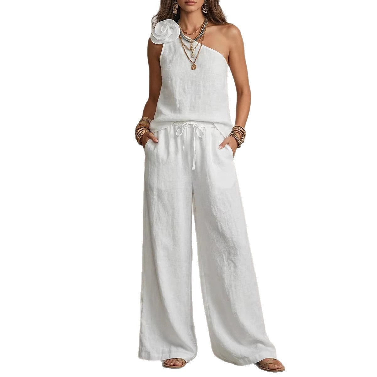 Dual | Conjunto Bicolor Elegante con Camisa Sin Mangas y Pantalones Anchos