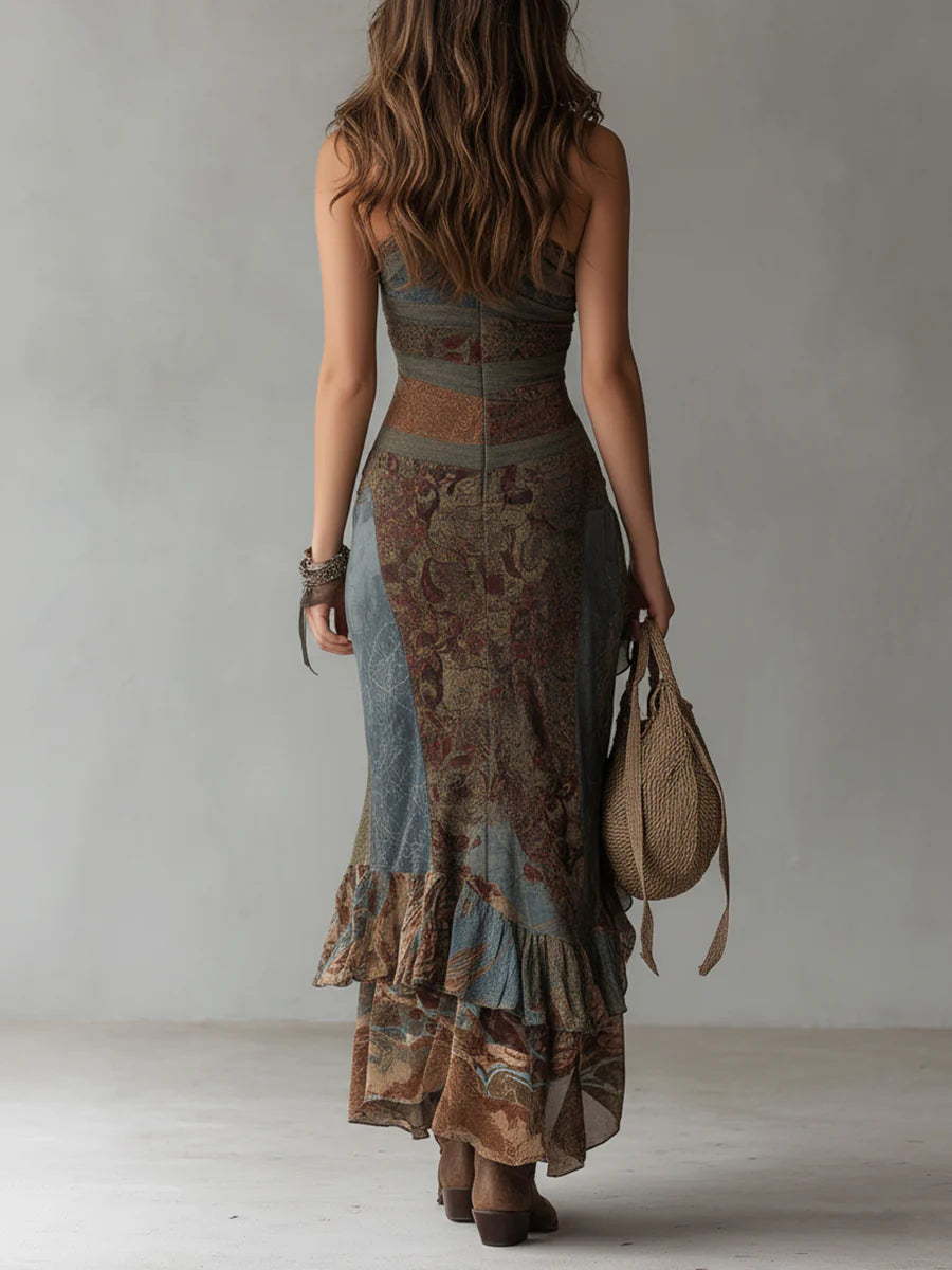 Vestido Largo Asimétrico de un Hombro con Estampado Étnico | Estilo Bohemio