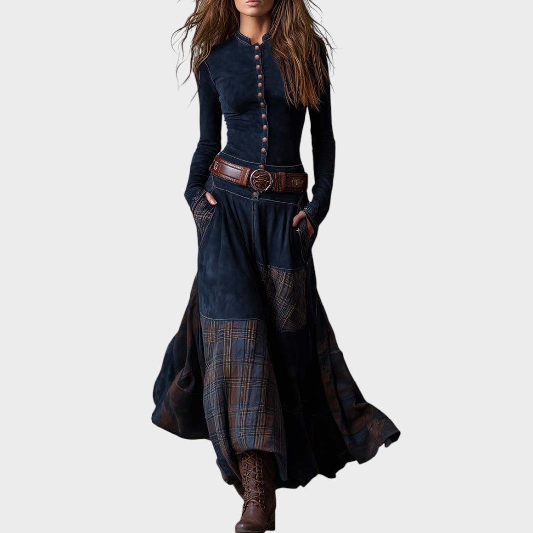 Ivana | Vestido Extravagante con Paneles de Cuadros Artesanales y Cinturón para Mujer