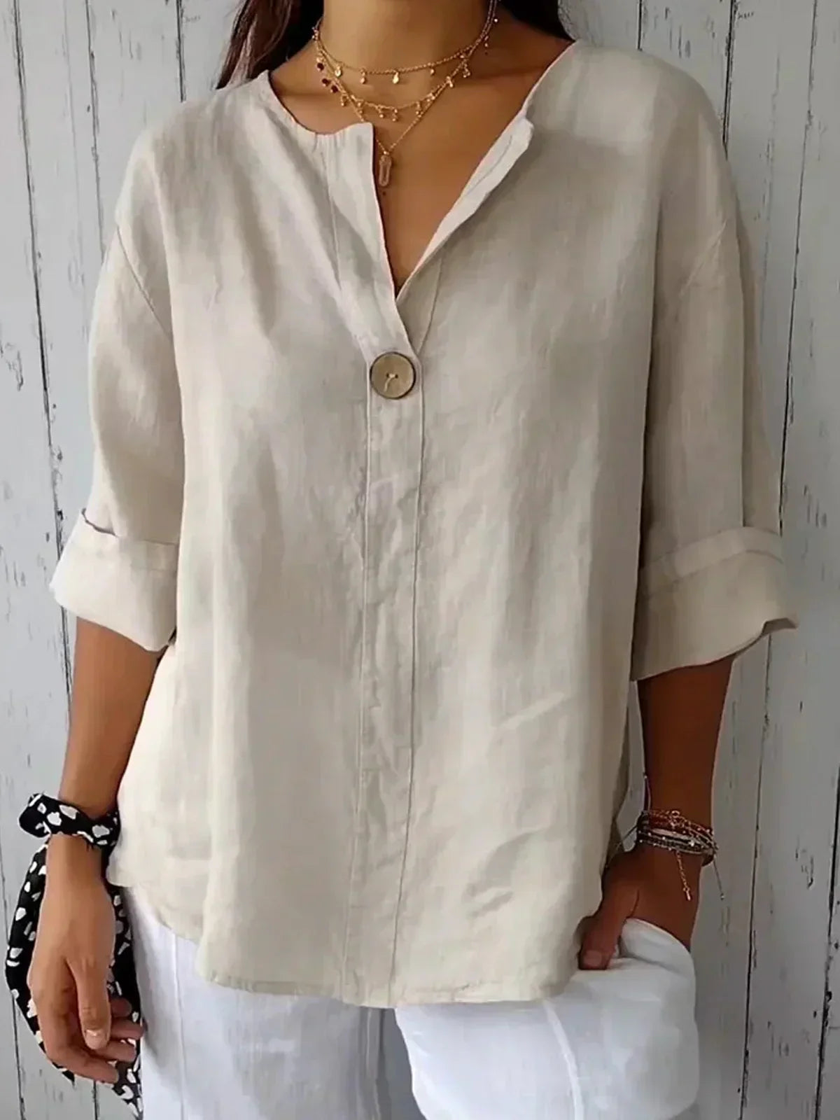 Blusa casual con escote en V para mujer, ligera y versátil para diario