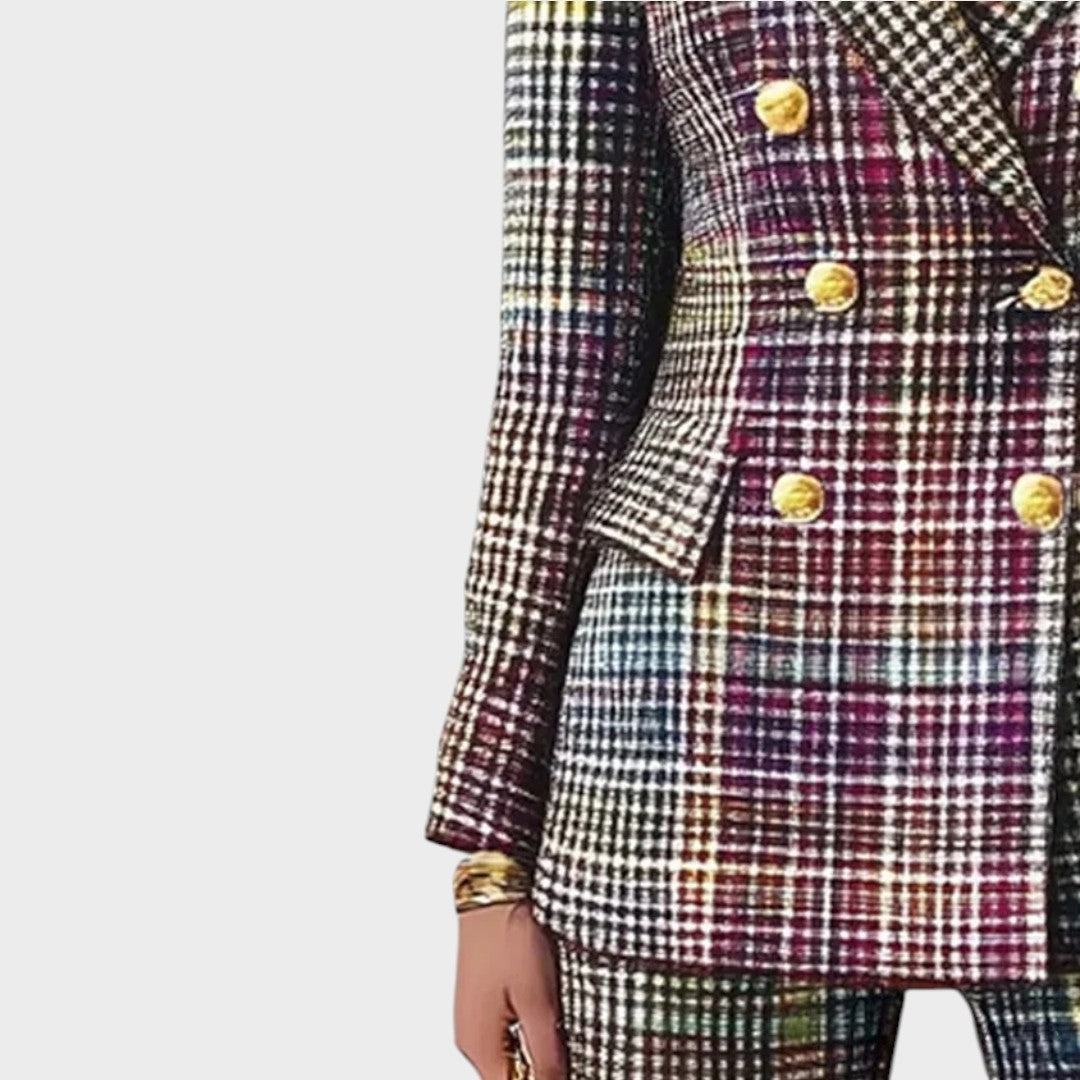 Haily | Conjunto de Traje con Estampado Colorido y Diseño de Sastrería Impecable para Mujer