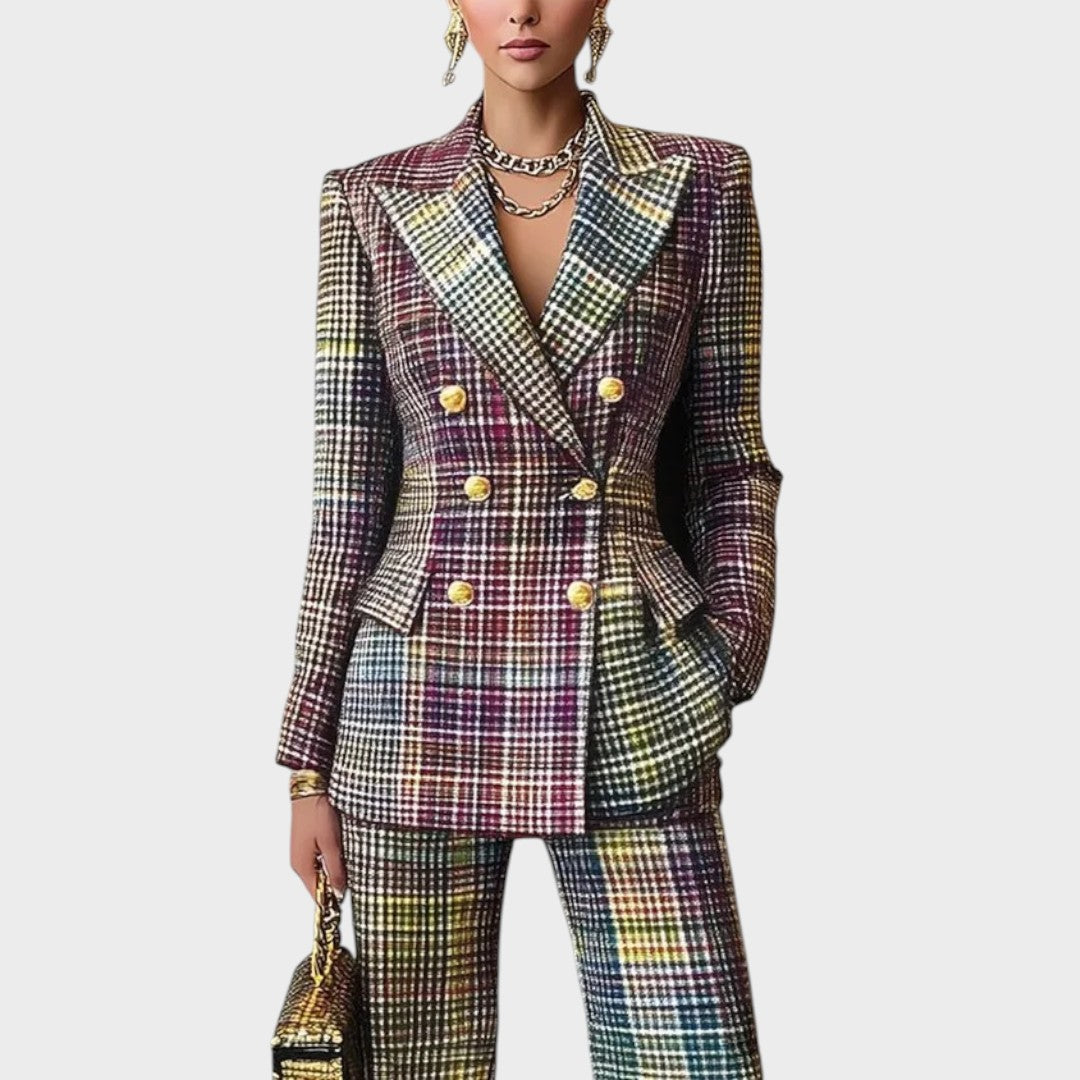Haily | Conjunto de Traje con Estampado Colorido y Diseño de Sastrería Impecable para Mujer