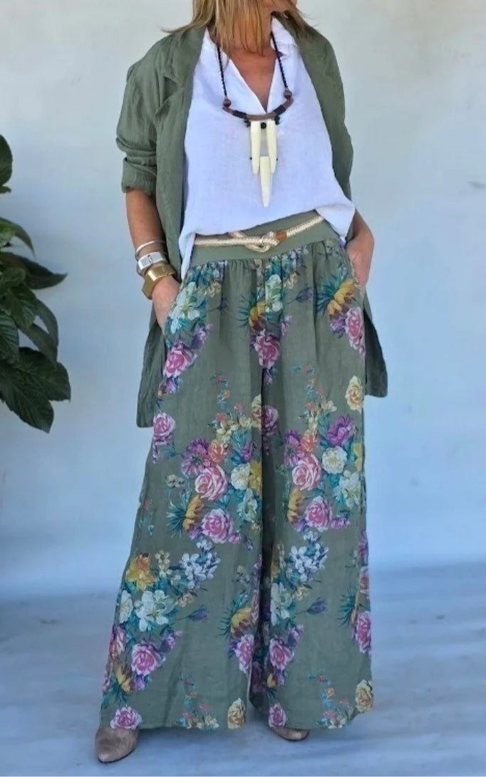 Conjunto para mujer con chaqueta verde ligera y pantalón ancho de estampado floral, cómodo y elegante