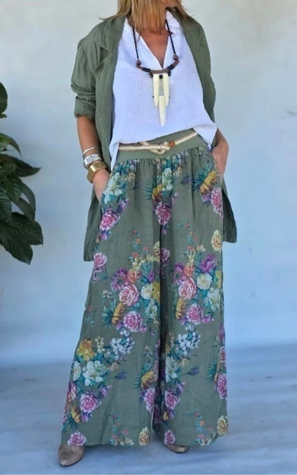 Conjunto para mujer con chaqueta verde ligera y pantalón ancho de estampado floral, cómodo y elegante