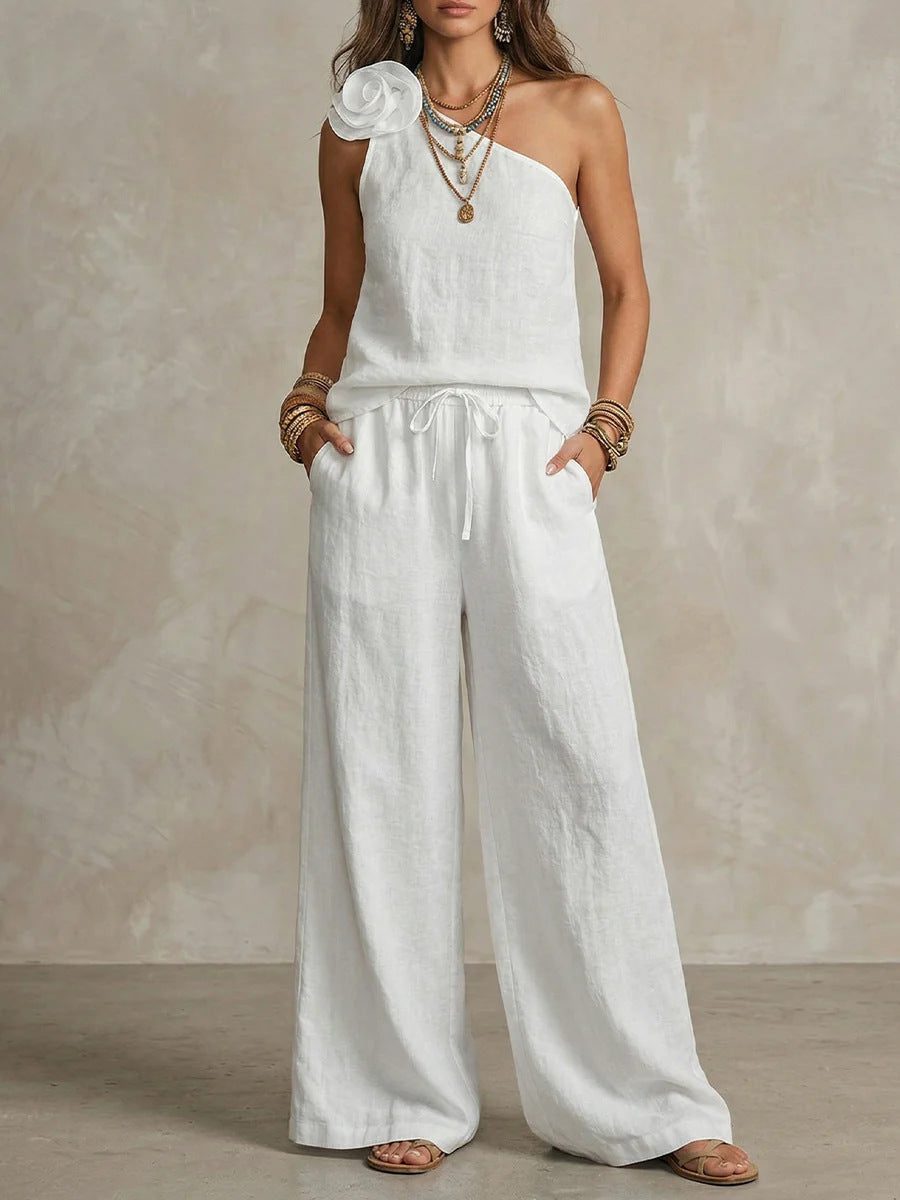 Dual | Conjunto Bicolor Elegante con Camisa Sin Mangas y Pantalones Anchos