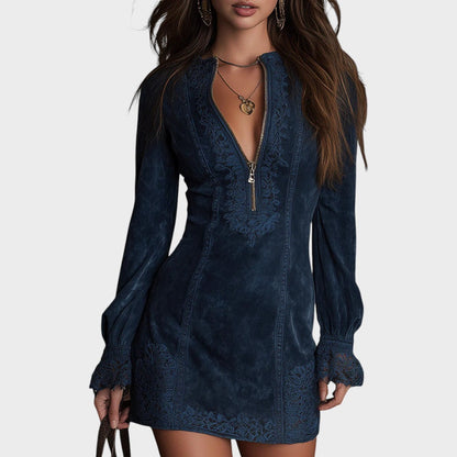 Débora | Mini Vestido de Ante con Encaje para Mujer