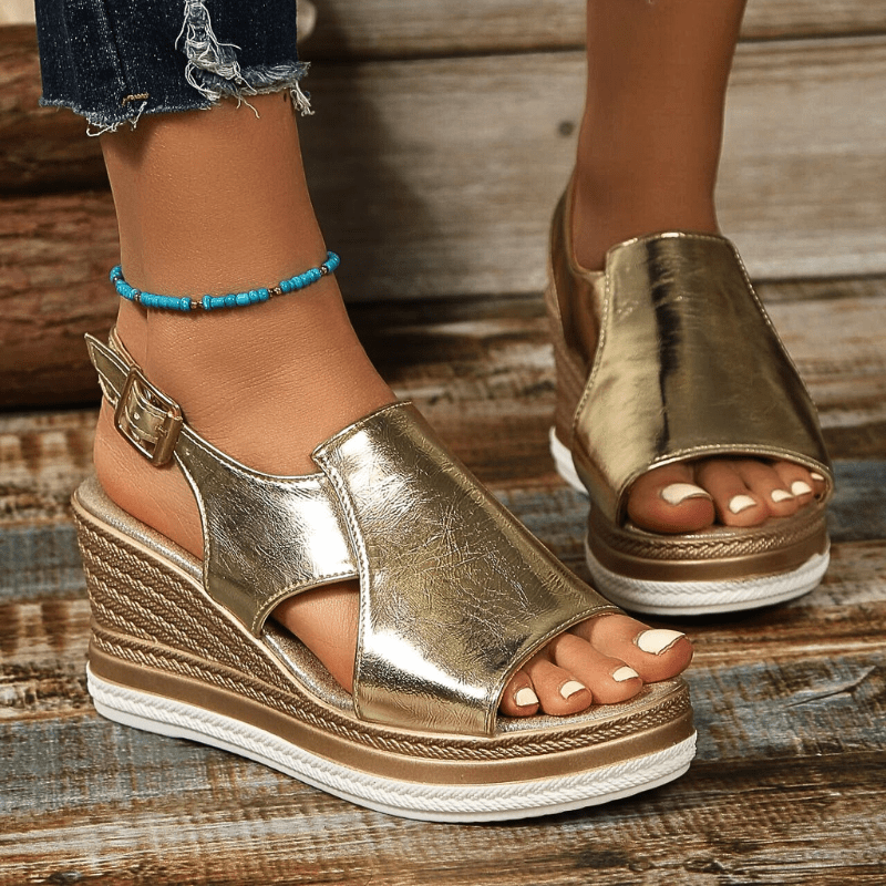 Sandalias ortopédicas de cuña con tiras metálicas y plantilla ergonómica para mujer, cómodas y elegantes para verano o diario