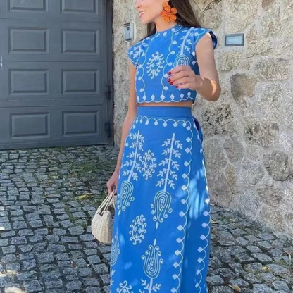 Conjunto de verano de dos piezas con top sin mangas y falda larga estampada para mujer, ligero y elegante