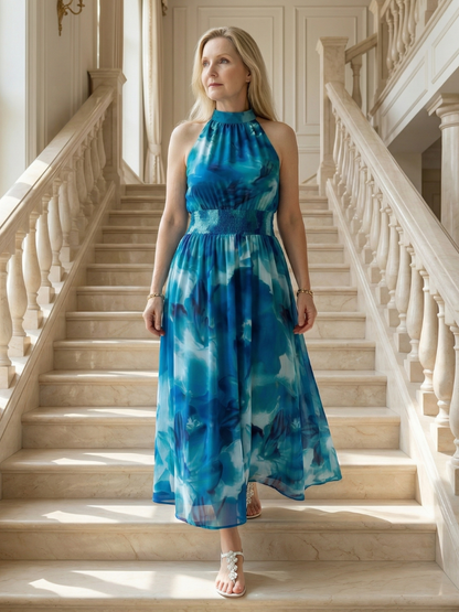 Vestido Midi con Estampado Floral Recogido y Cuello Halter | Diseño Elegante