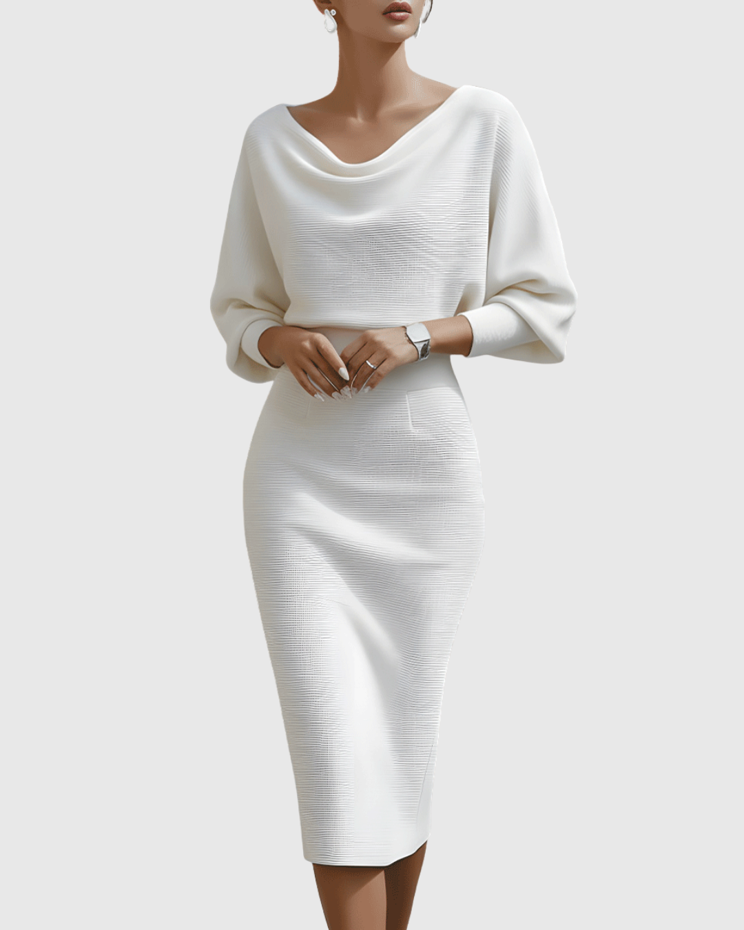 Vestido midi drapeado con mangas murciélago y escote elegante para mujer, sofisticado y cómodo para oficina o evento