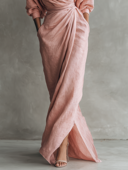 Vestido Maxi Rosa con Escote en V de Lino