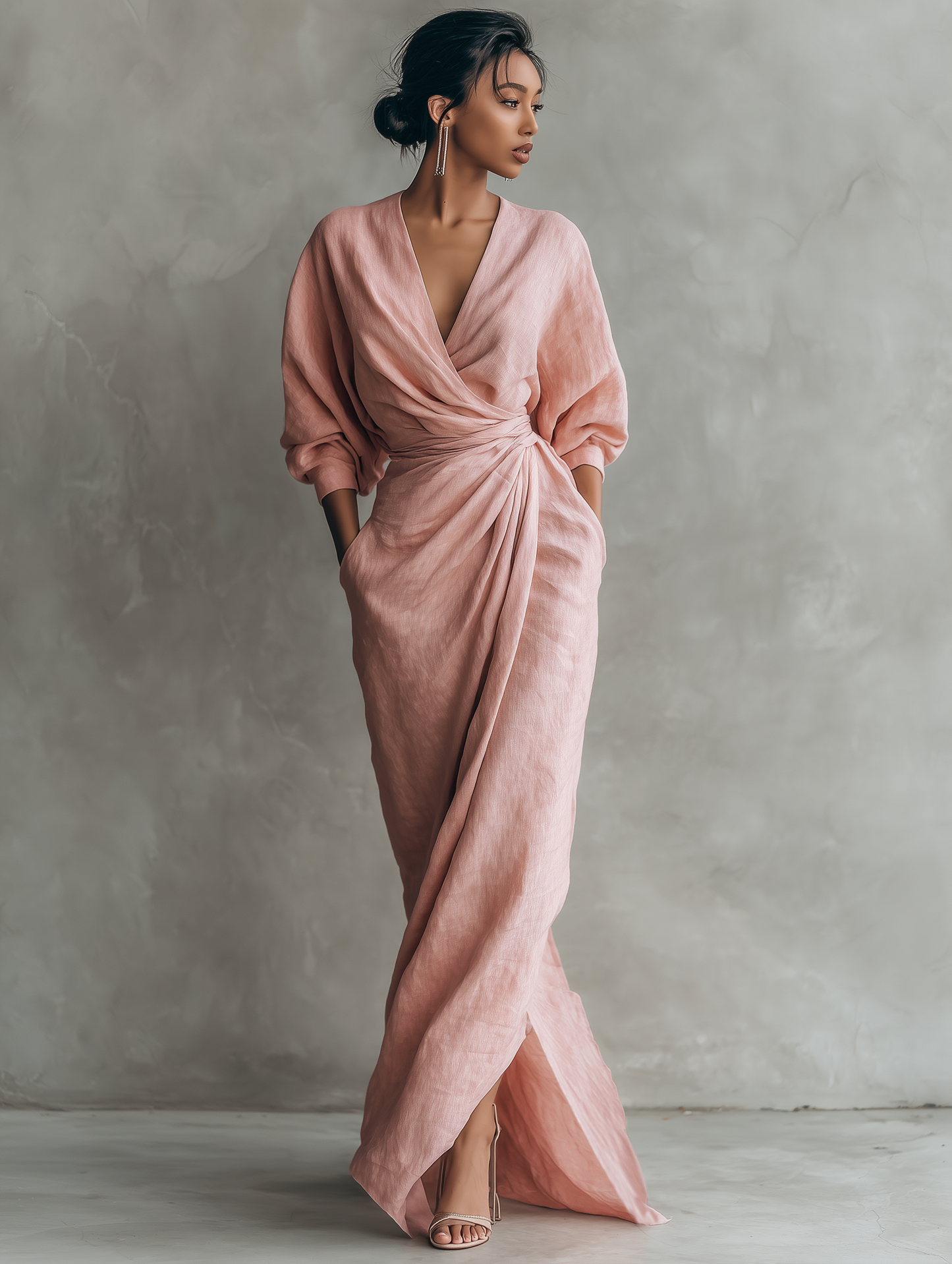 Vestido Maxi Rosa con Escote en V de Lino
