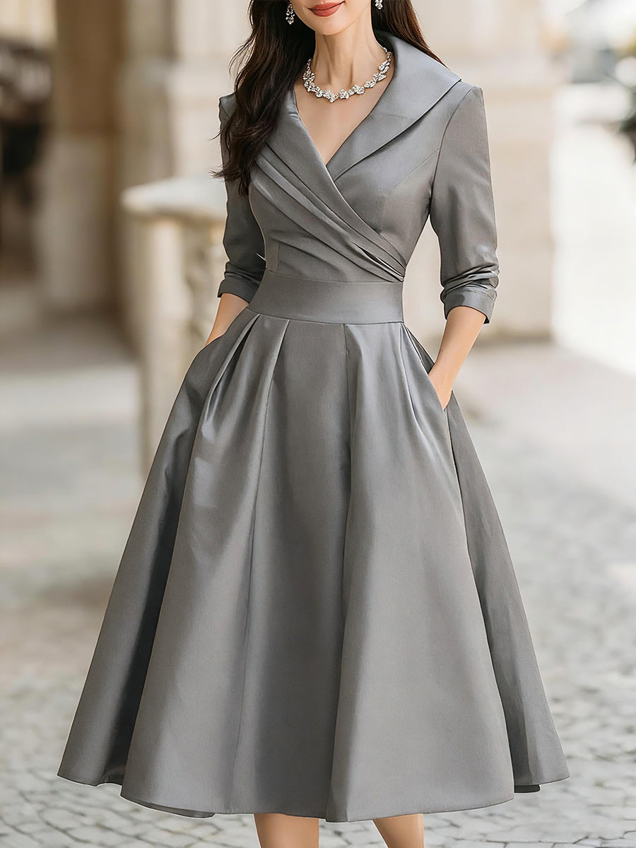 Dharmay | Vestido Midi de Manga Larga con Cuello de Solapa y Corte Entallado para Mujer