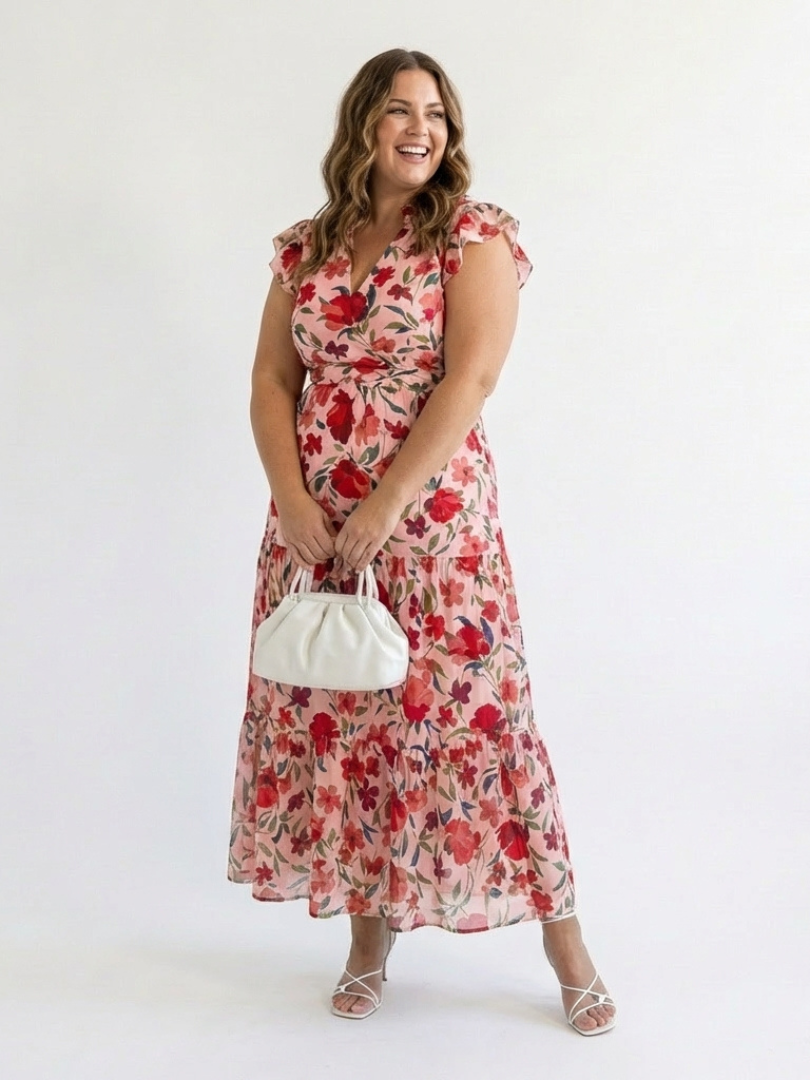Vestido midi floral con capas en Verde y Azul claro - fresco y elegante