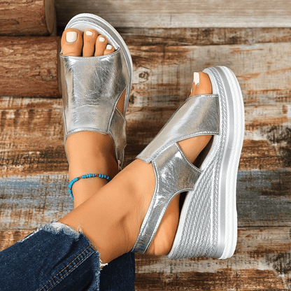 Sandalias ortopédicas de cuña con tiras metálicas y plantilla ergonómica para mujer, cómodas y elegantes para verano o diario