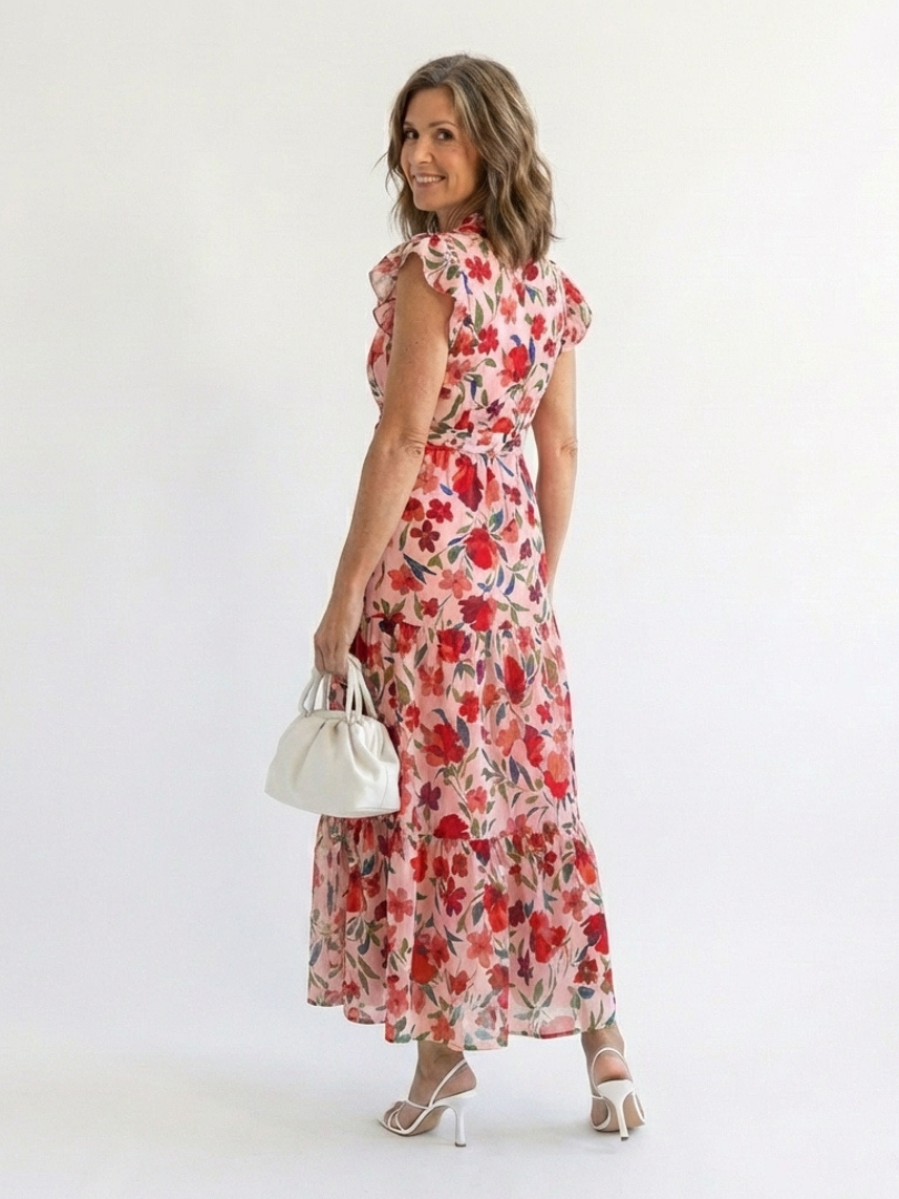 Vestido midi floral con capas en Verde y Azul claro - fresco y elegante