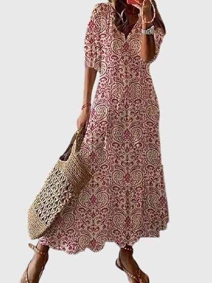 Vestido boho vintage de verano con estampado floral, escote en V y falda maxi fluida para mujer