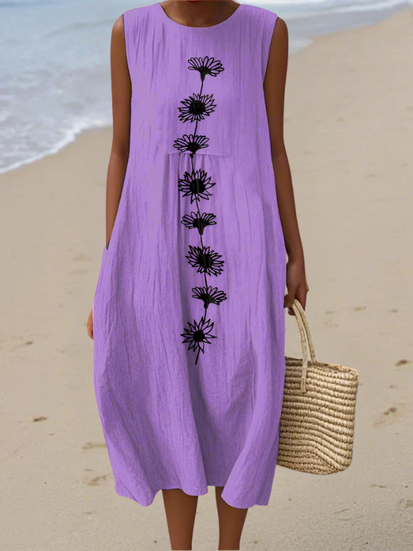 Vestido midi morado para mujer con bordado floral en el centro, sin mangas y confeccionado en un tejido ligero