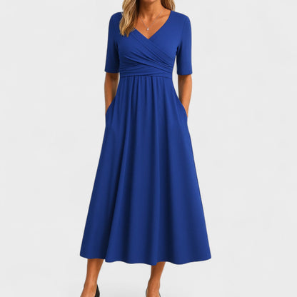Vestido midi elegante con escote en V cruzado y cintura fruncida para mujer, falda fluida y tejido ligero ideal para diario o evento