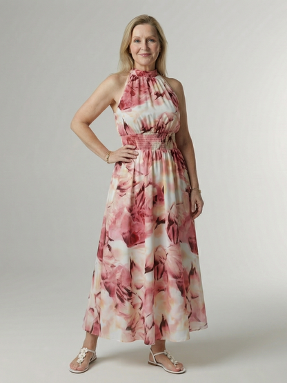 Vestido Midi con Estampado Floral Recogido y Cuello Halter | Diseño Elegante