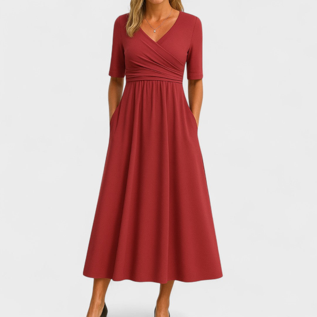 Vestido midi elegante con escote en V cruzado y cintura fruncida para mujer, falda fluida y tejido ligero ideal para diario o evento