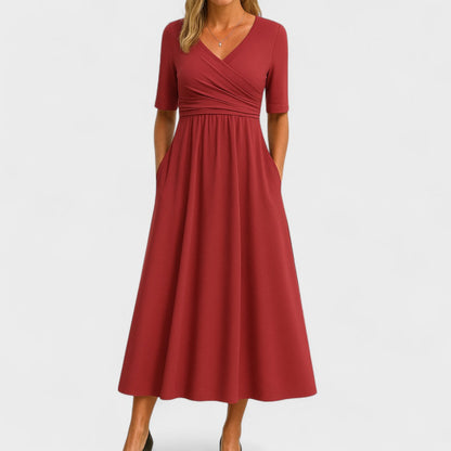 Vestido midi elegante con escote en V cruzado y cintura fruncida para mujer, falda fluida y tejido ligero ideal para diario o evento