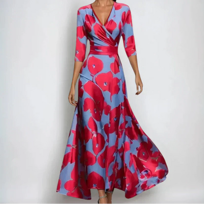 Vestido floral de lujo para mujer con escote en V y mangas tres cuartos