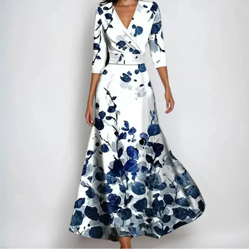 Vestido floral de lujo para mujer con escote en V y mangas tres cuartos