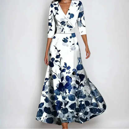 Vestido floral de lujo para mujer con escote en V y mangas tres cuartos