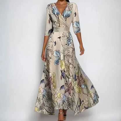 Vestido floral de lujo para mujer con escote en V y mangas tres cuartos