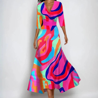 Vestido floral de lujo para mujer con escote en V y mangas tres cuartos
