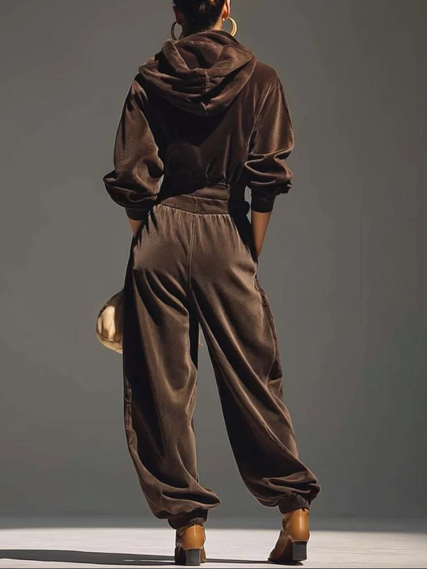 Conjunto vintage de terciopelo marrón para mujer con sudadera con capucha y pantalón holgado, suave, cómodo y elegante