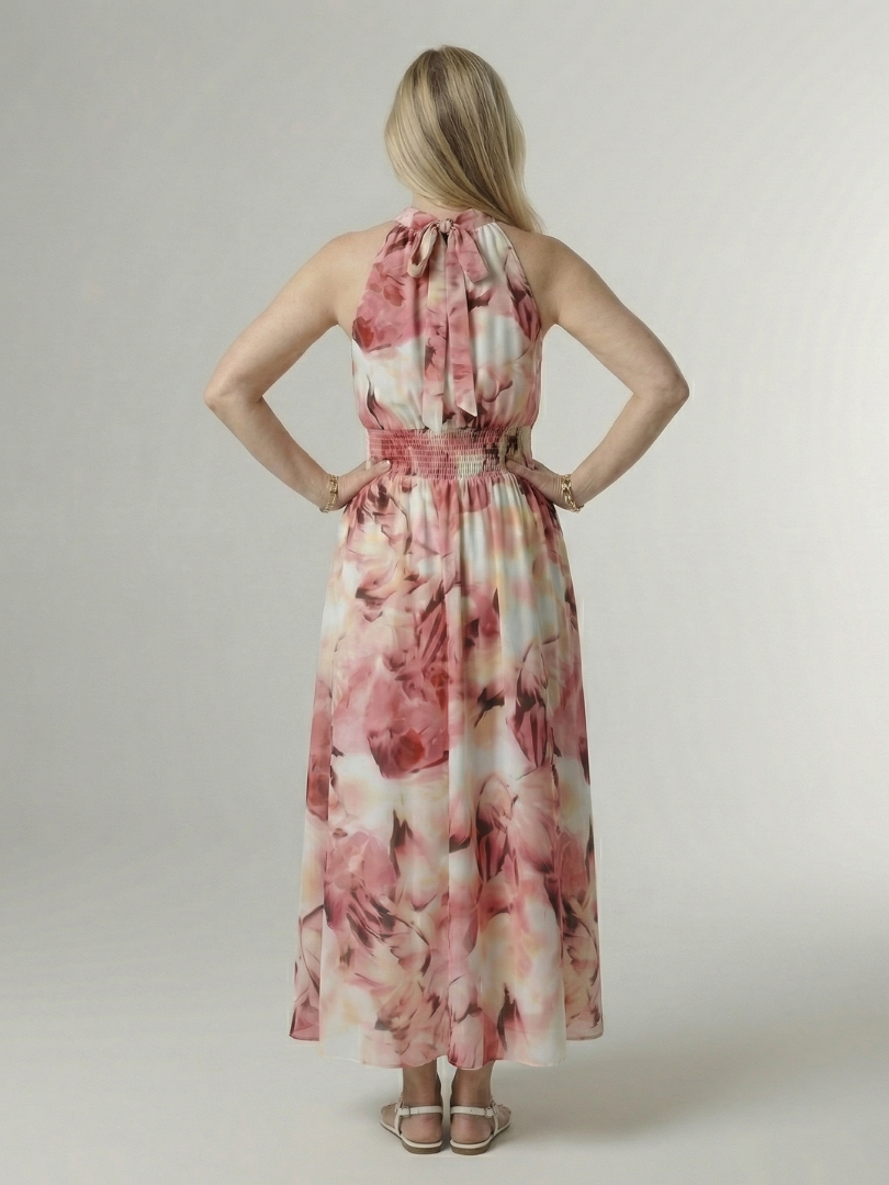 Vestido Midi con Estampado Floral Recogido y Cuello Halter | Diseño Elegante