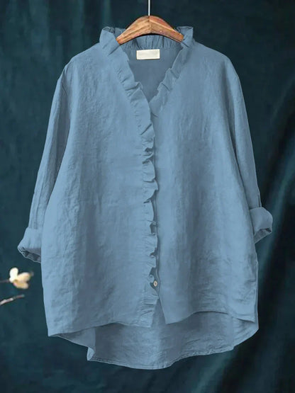 Camisa femenina con volantes de algodón y lino con diseño fluido para mujer, ligera y chic para verano