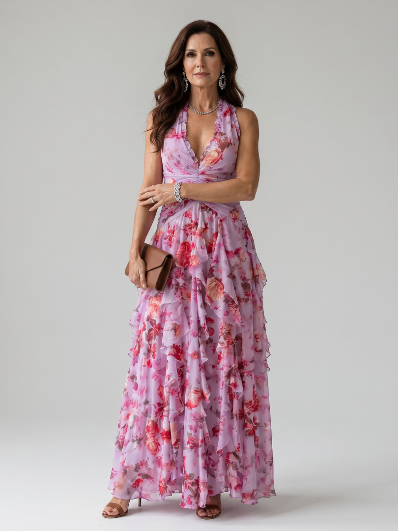 Vestido Maxi Cuello Halter Corpiño Fruncido Floral | Estilo Verano