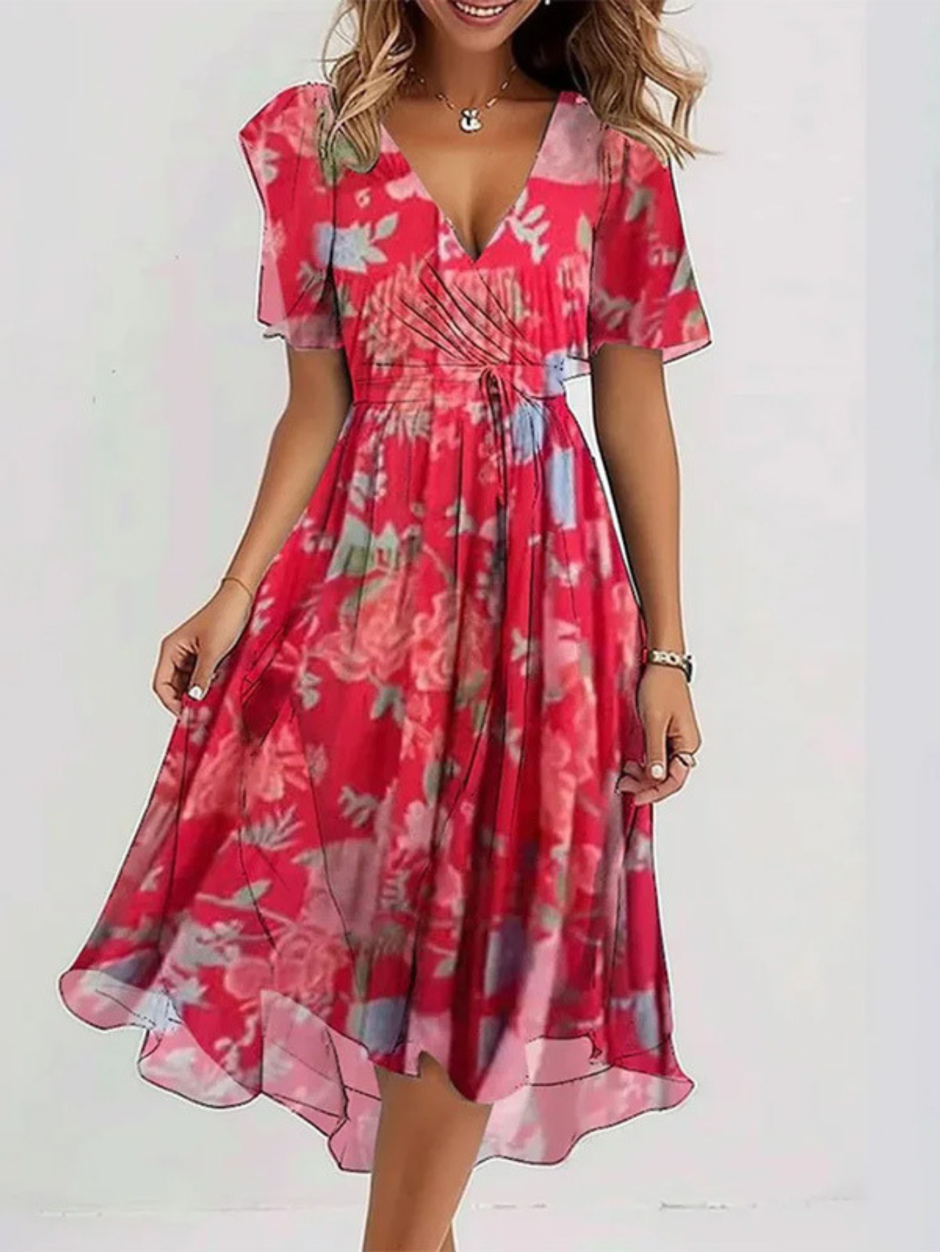 Vestido de verano con escote en V cruzado, falda fluida y cintura que estiliza el abdomen para mujer, ligero y elegante para diario