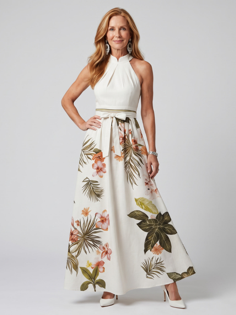 Vestido Maxi Drapeado Halter Panel Botánico | Estilo Elegante