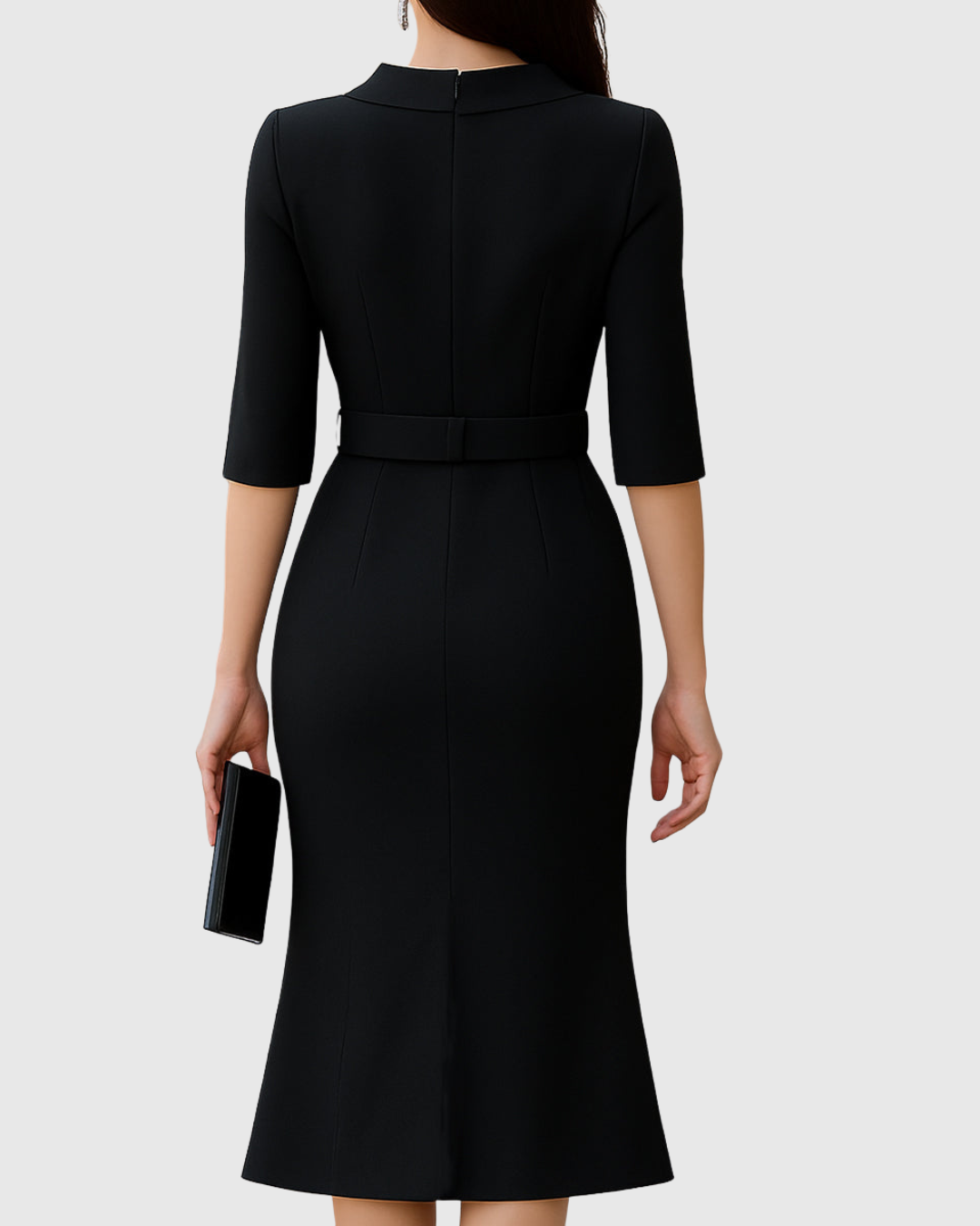 Vestido midi negro clásico con mangas tres cuartos y cintura definida para mujer
