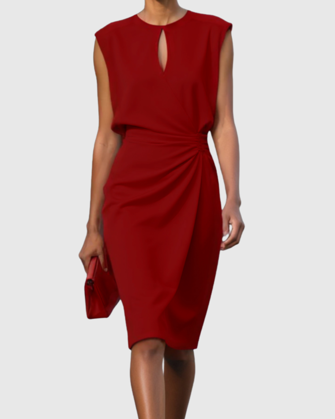 Vestido midi elegante con escote lágrima y drapeado lateral para mujer, cómodo y sofisticado para oficina o evento