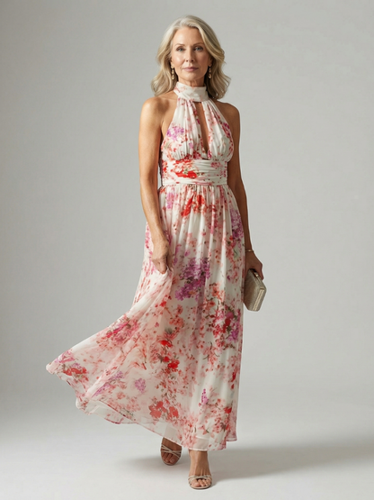 Vestido Maxi con Flujo Fácil y Cuello Halter | Diseño Floral Elegante