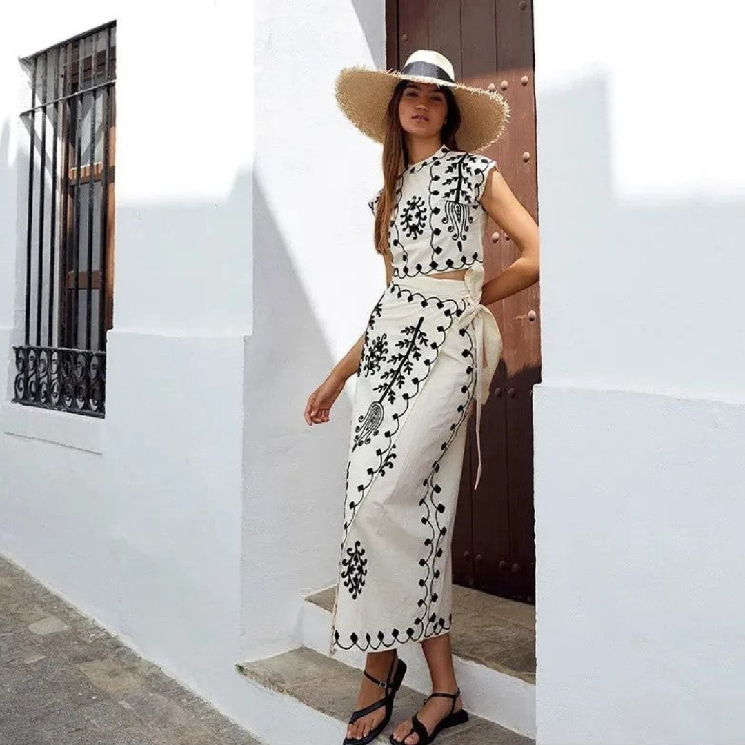 Conjunto de verano de dos piezas con top sin mangas y falda larga estampada para mujer, ligero y elegante