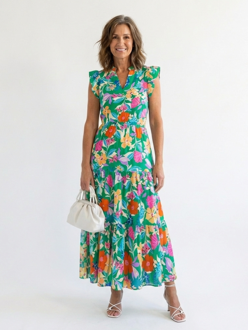 Vestido midi floral con capas en Verde y Azul claro - fresco y elegante