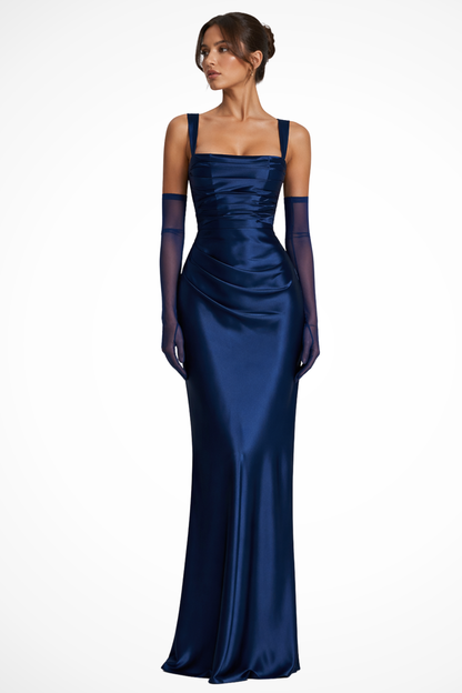 Vestido maxi satinado con cuello cuadrado y drapeado para mujer - Elegancia veraniega
