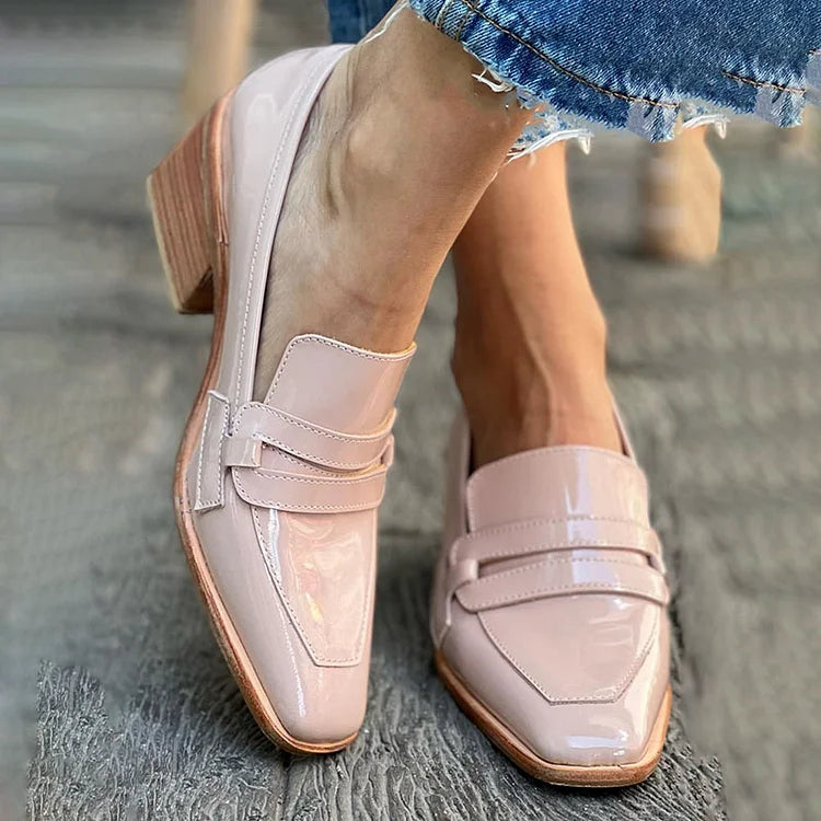Mocasines brillantes con tacón ancho para mujer, elegantes y cómodos para oficina