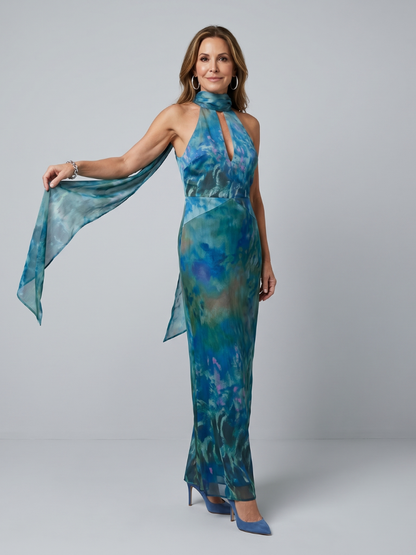 Vestido Maxi con Abertura Circular y Cuello Halter | Sin Mangas Elegante