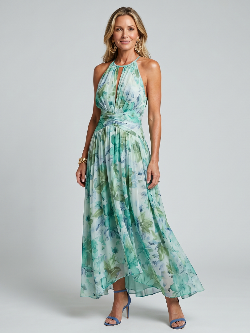Vestido Midi Plisado Halter Suave Estampado Floral | Estilo Verano