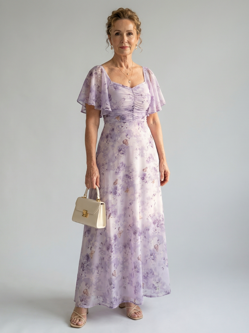 Vestido Midi con Estampado Floral y Pliegues | Manga Larga Elegante