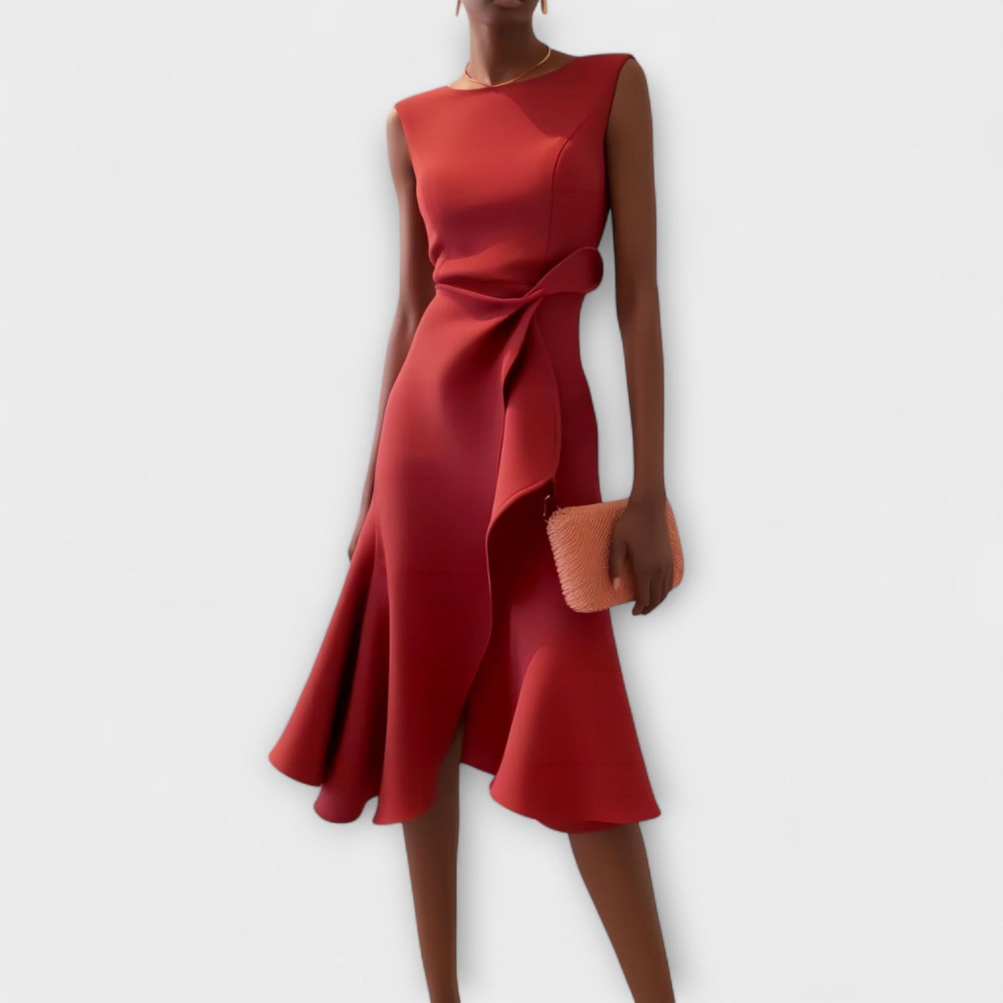 Vestido midi sofisticado sin mangas con cintura entallada y falda con vuelo para mujer