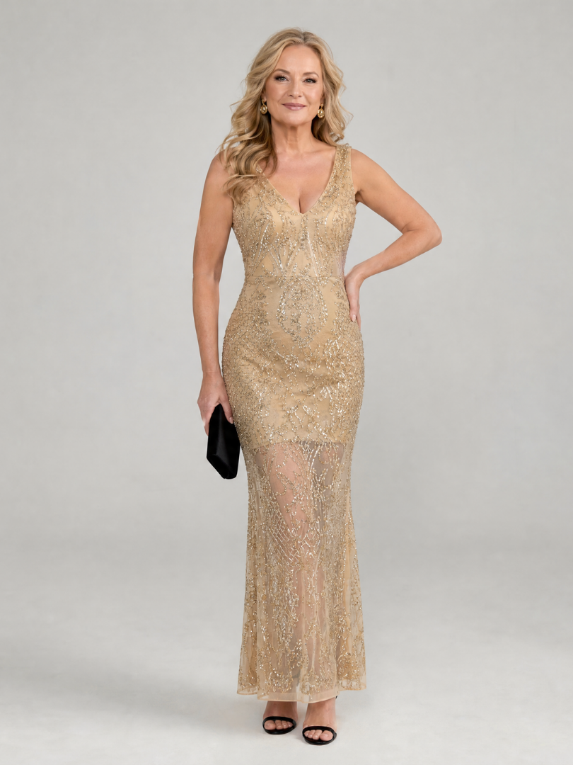 Vestido Midi con Sequin y Paneles Transparentes | Sin Mangas Elegante